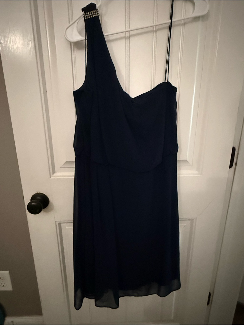 Asymmetric One-Shoulder Navy Chiffon Dress with Beaded Strap